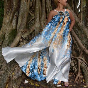 Designer Maxi Dress Floral Blue Gold Luxury Resortwear Rose Pin